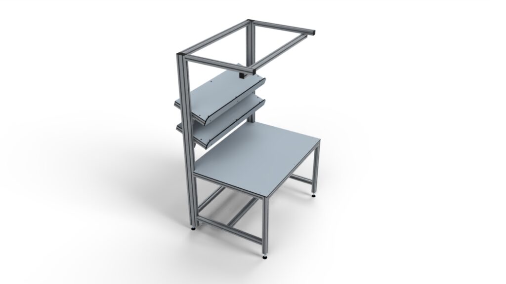 Estructura modular de aluminio con mesa de trabajo y estantes - Proycsa