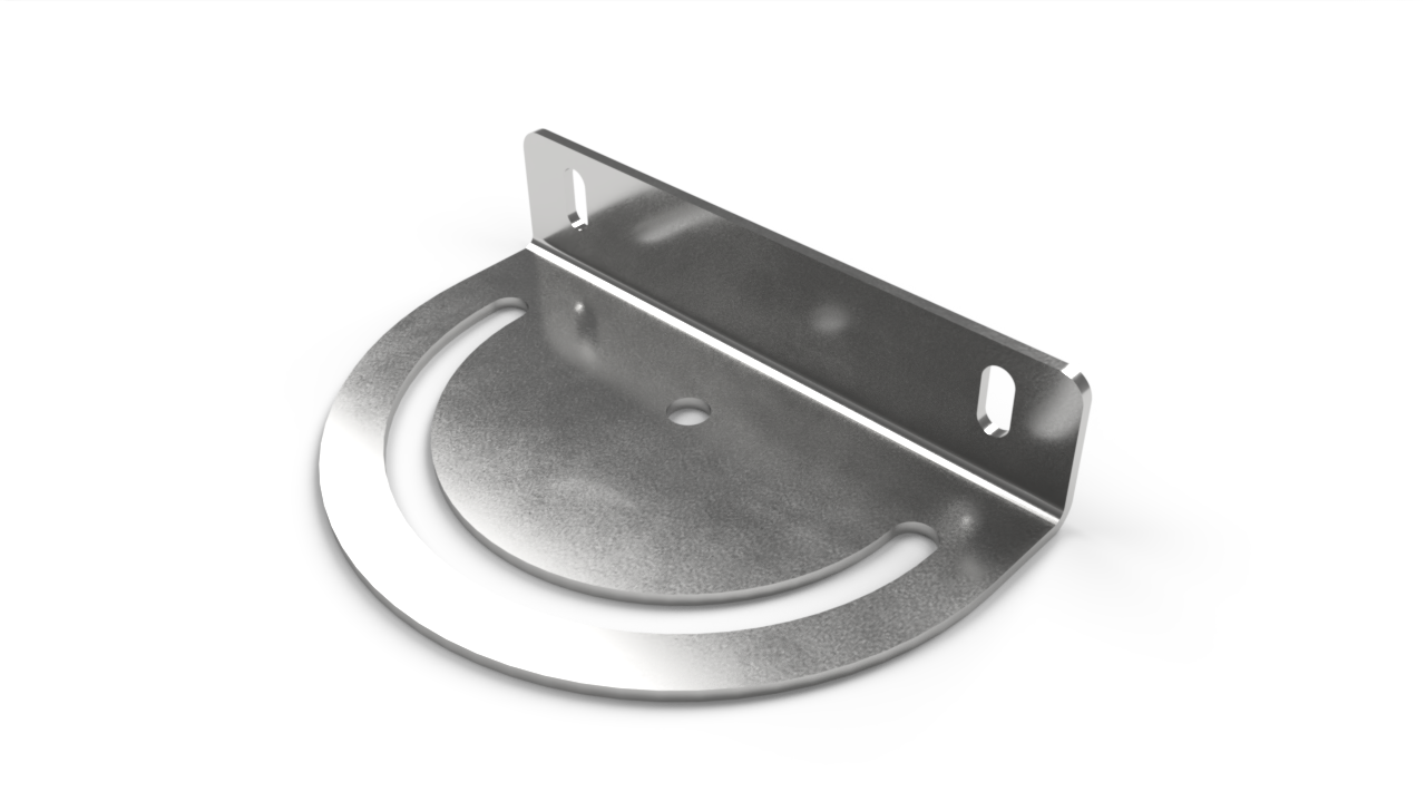 Escuadra giratoria de acero zincado con base de R65 mm y ranura en arco para unión angular regulable de perfiles