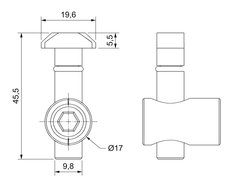 Plano acotado del conector perpendicular para perfiles con ranura de 10 mm: longitud 45,5 mm, cabeza martillo de 19,6 × 5,5, casquillo de Ø17 mm