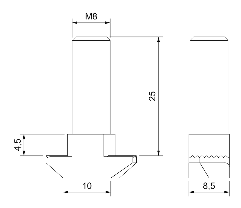 Plano acotado del tornillo de cabeza de martillo M8 × 25 para canal de 10 mm: cuello de 4,5 mm y cabeza de 8,5 mm de ancho