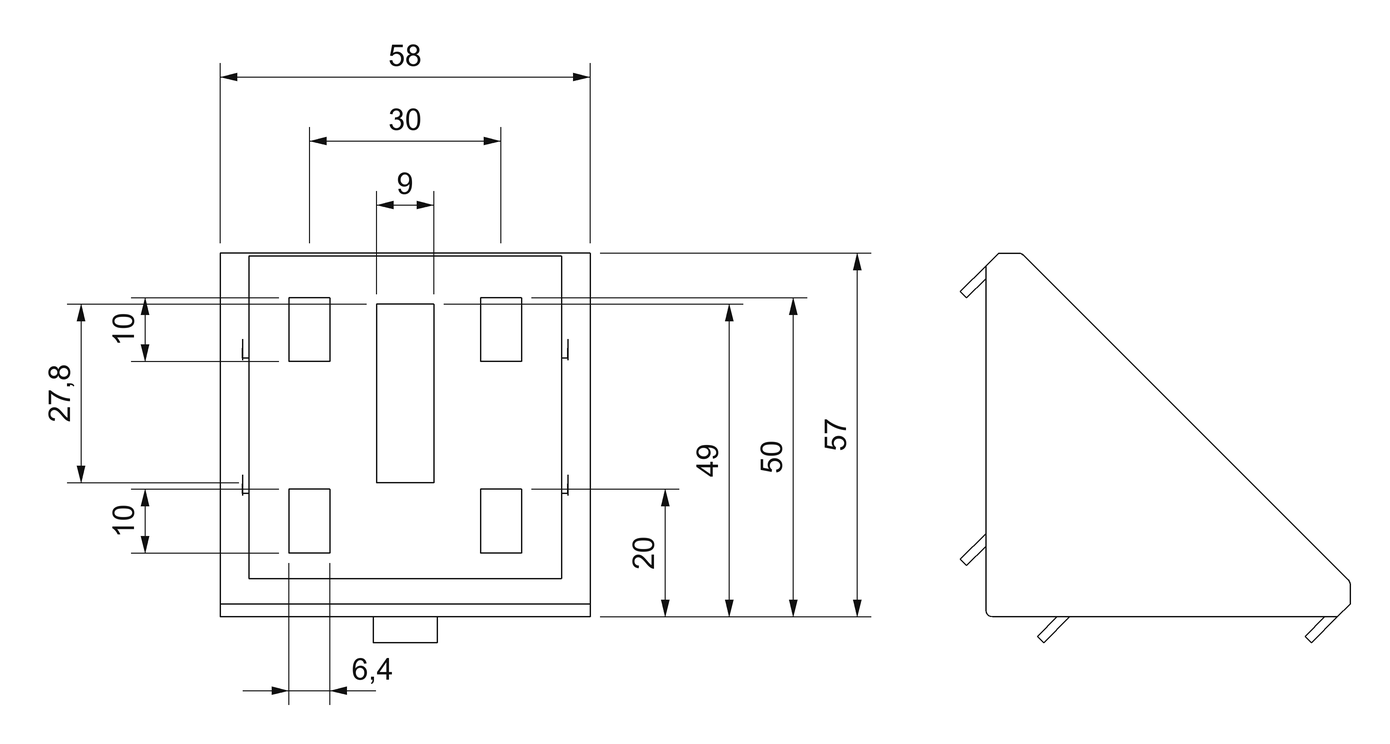 Plano acotado de la escuadra de aluminio para perfil serie 60: 57 × 57 mm, 58 mm de ancho, ranura central de 9 mm y cuatro ranuras laterales de 6,4 mm