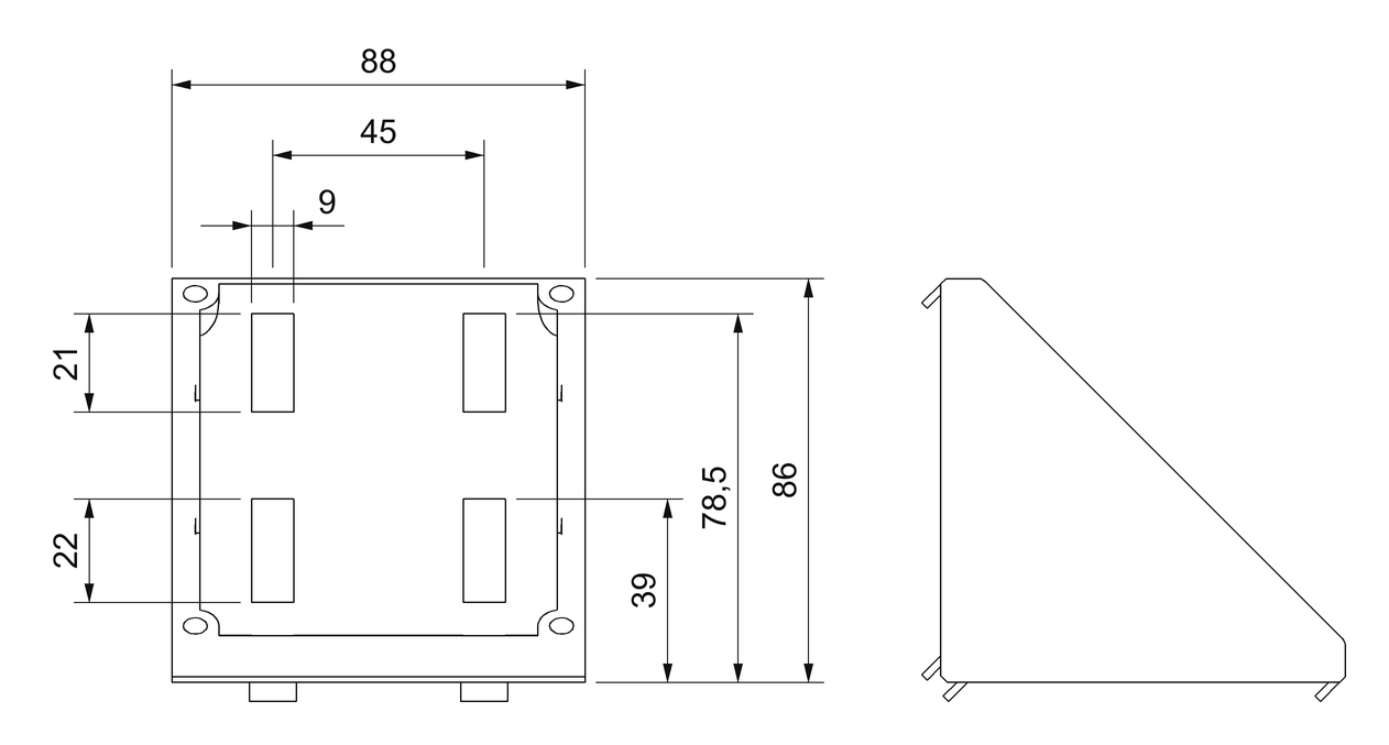 Plano acotado de la escuadra de aluminio para perfil serie 90: 86 × 86 mm, 88 mm de ancho, cuatro ranuras de 9 mm