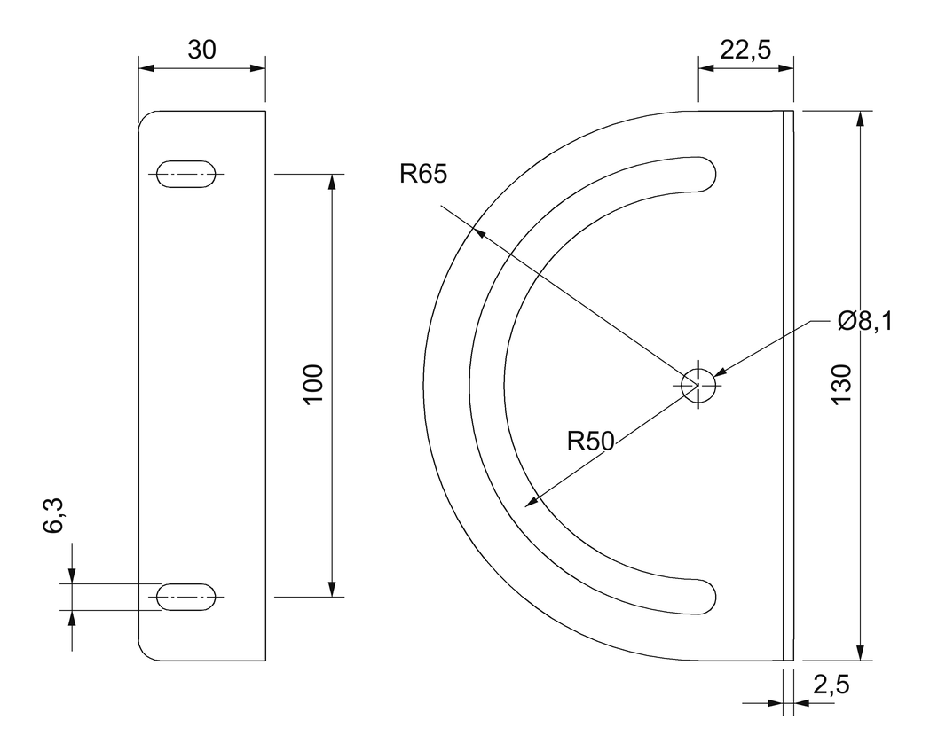 Plano acotado de la escuadra giratoria de acero cincado: placa semicircular de R65 con ranura en arco y base de 130 × 30 mm