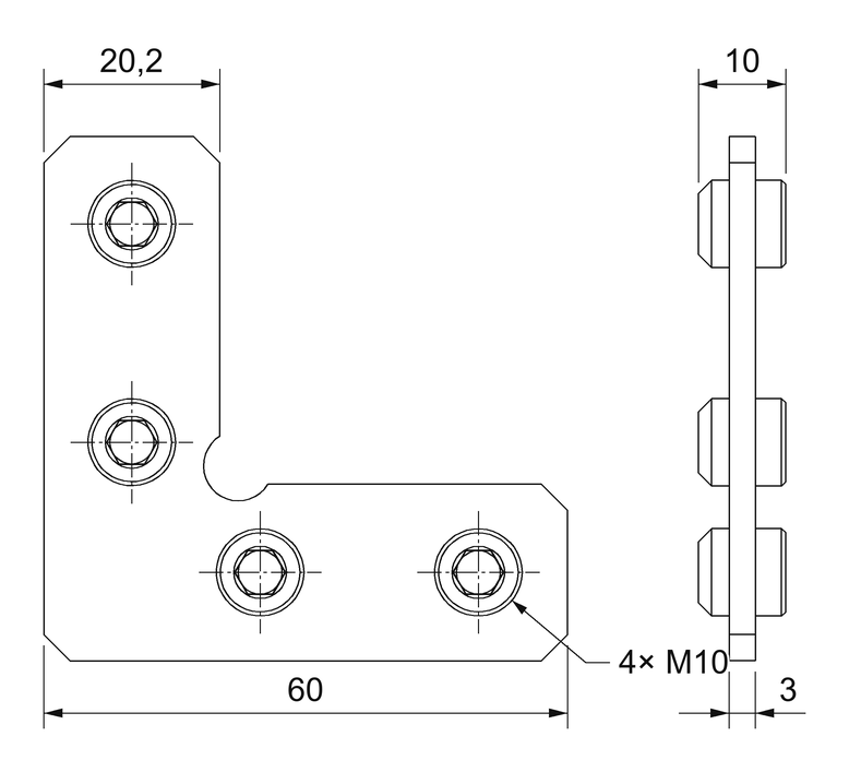 Plano acotado de la escuadra interior de 90° de acero cincado: pletina en L de 60 mm de lado y 20,2 mm de ancho con cuatro prisioneros M10