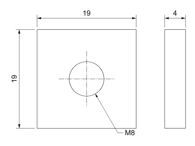 Plano acotado de la tuerca cuadrada M8: 19 × 19 × 4 mm