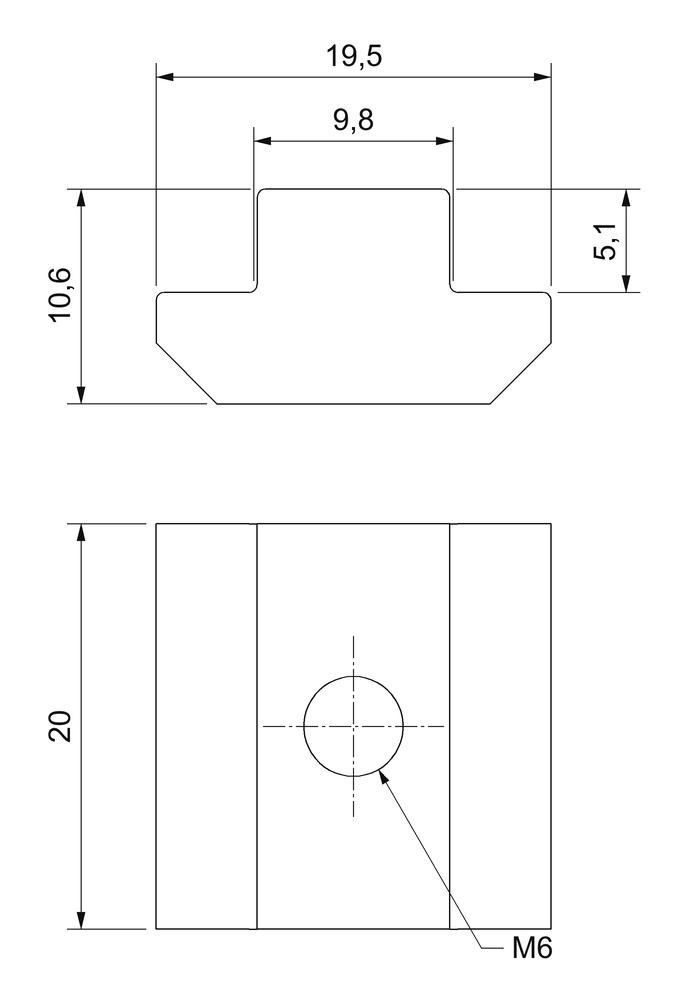 Plano acotado de la tuerca en T de cuello alto M6 para canal de 10 mm: 20 × 19,5 mm, cuello de 9,8 mm, altura 10,6 mm