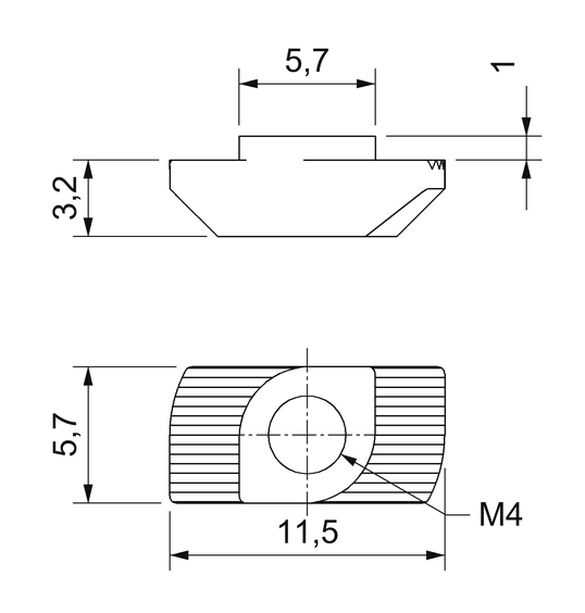 Plano acotado de la tuerca martillo M4 para canal de 6 mm: 11,5 × 5,7 mm, cuello de 5,7 mm, altura 3,2 + 1 mm