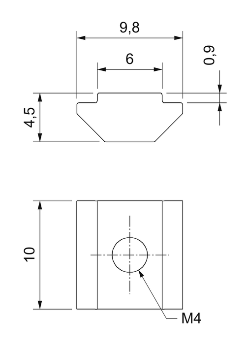 Plano acotado de la tuerca en T M4 para canal de 6 mm: 10 × 9,8 mm, cuello de 6 mm, altura 4,5 mm