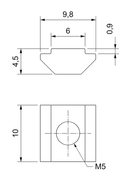 Plano acotado de la tuerca en T M5 para canal de 6 mm: 10 × 9,8 mm, cuello de 6 mm, altura 4,5 mm
