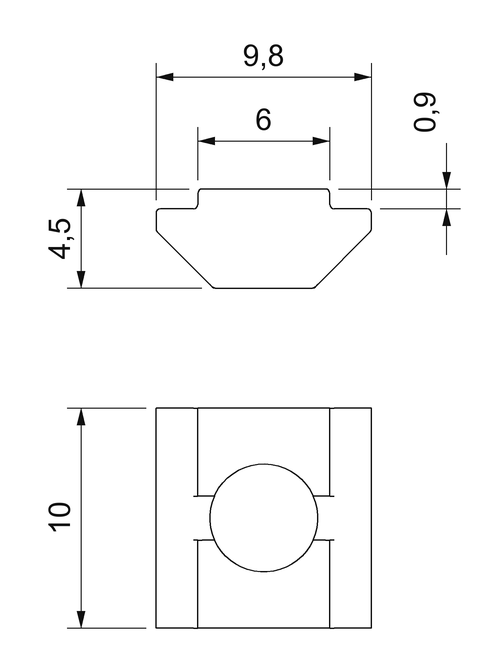 Plano acotado de la tuerca en T M6 para canal de 6 mm: 10 × 9,8 mm, cuello de 6 mm, altura 4,5 mm