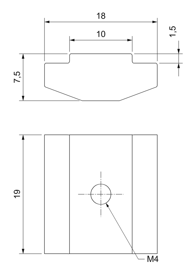 Plano acotado de la tuerca rectangular en T M4 para canal de 10 mm: 19 × 18 mm, cuello de 10 mm, altura 7,5 mm