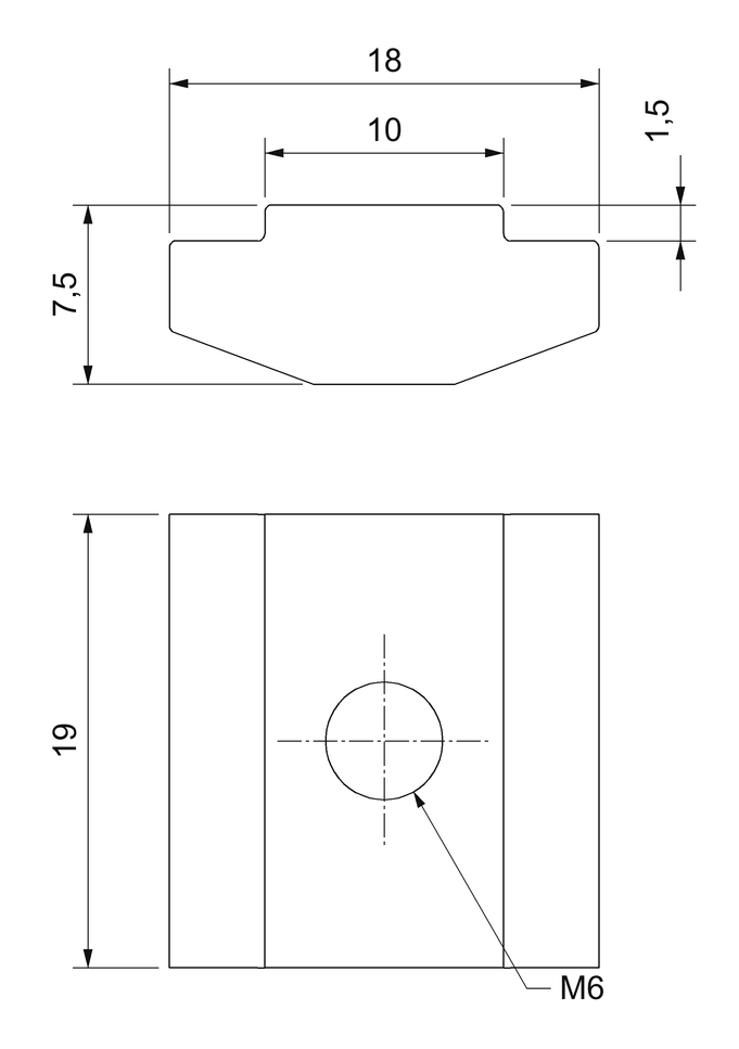 Plano acotado de la tuerca rectangular en T M6 para canal de 10 mm: 19 × 18 mm, cuello de 10 mm, altura 7,5 mm