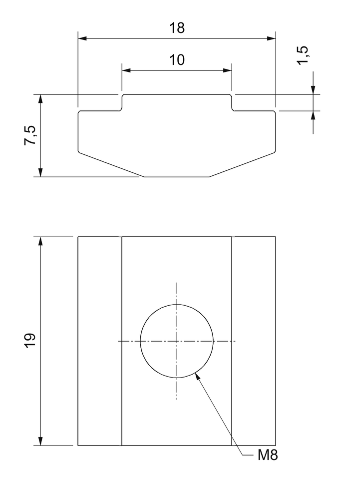 Plano acotado de la tuerca rectangular en T M8 para canal de 10 mm: 19 × 18 mm, cuello de 10 mm, altura 7,5 mm