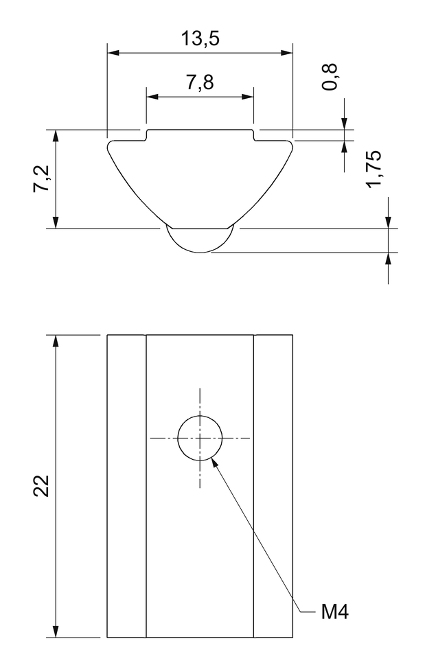 Plano acotado de la tuerca en T M4 con bola de retención para canal de 8 mm: 22 × 13,5 mm, cuello de 7,8 mm