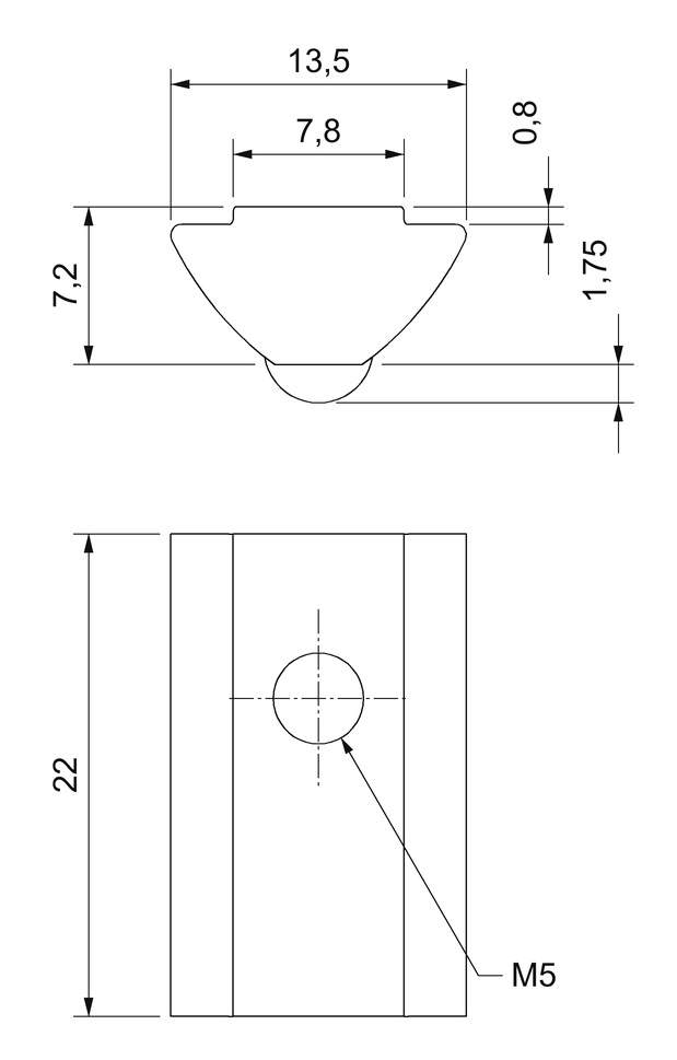 Plano acotado de la tuerca en T M5 con bola de retención para canal de 8 mm: 22 × 13,5 mm, cuello de 7,8 mm