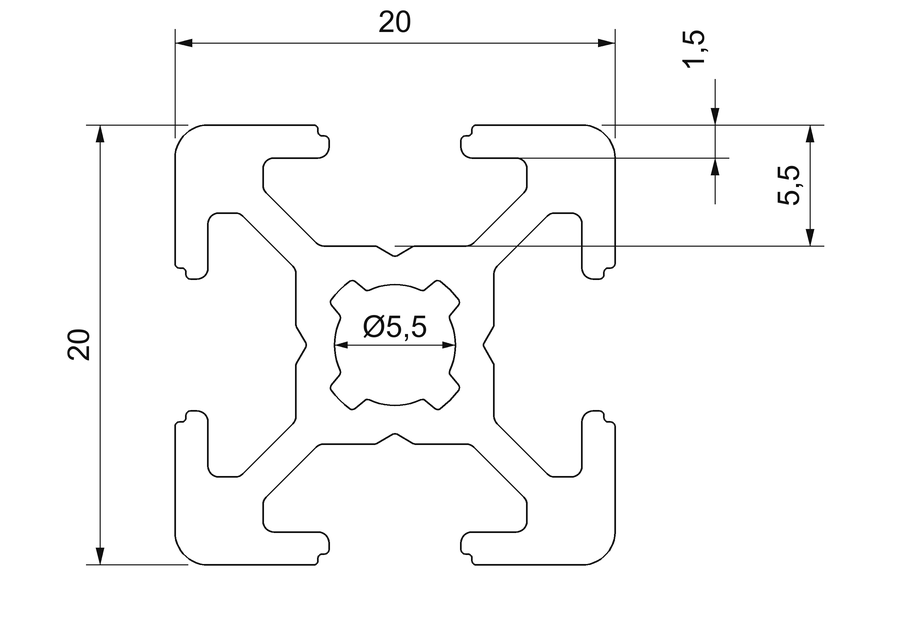 Plano de sección acotado del perfil aluminio 20x20: 20 × 20 mm, ranura de 6 mm y núcleo de 5,5 mm