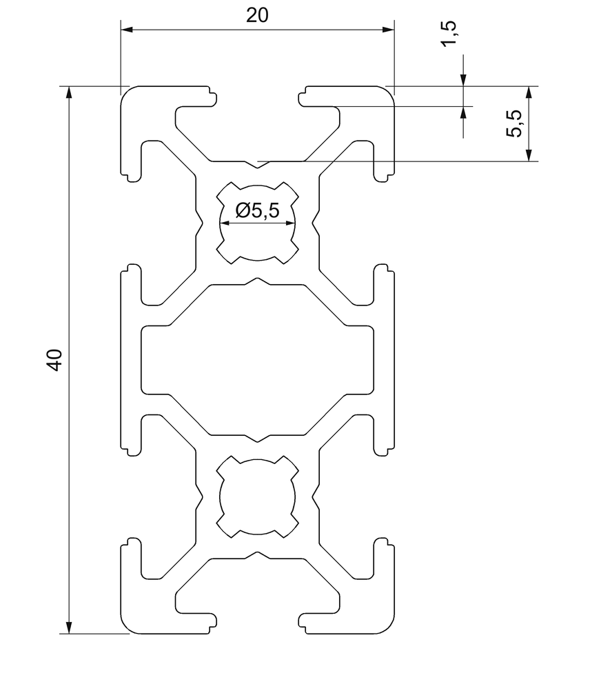 Plano de sección acotado del perfil aluminio 20x40: 20 × 40 mm, seis ranuras de 6 mm y dos núcleos de 5,5 mm