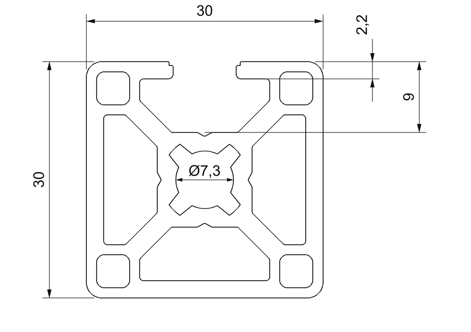 Plano de sección acotado del perfil aluminio 30x30 1S: 30 × 30 mm, una ranura de 8 mm y núcleo central de 7,3 mm