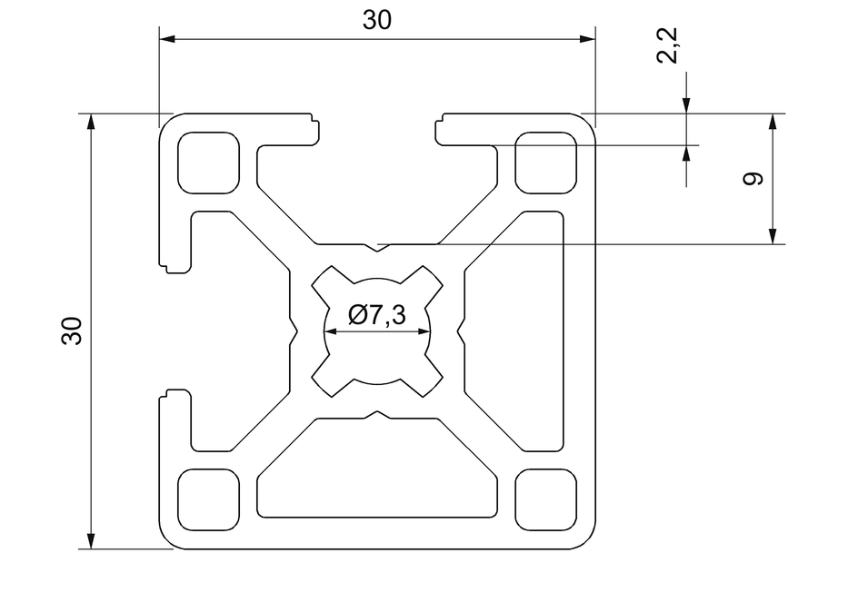 Plano de sección acotado del perfil aluminio 30x30 2S 90°: 30 × 30 mm, dos ranuras de 8 mm en caras contiguas y núcleo central de 7,3 mm