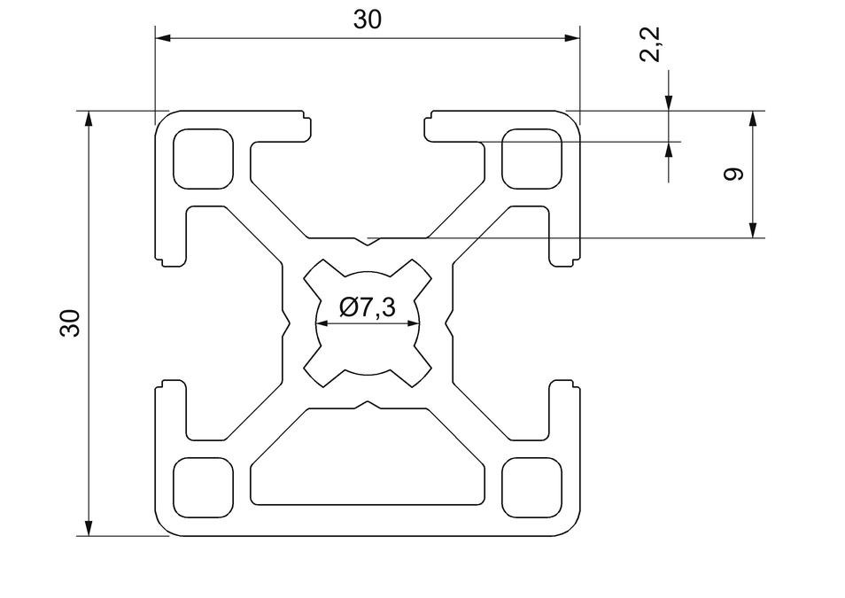 Plano de sección acotado del perfil aluminio 30x30 3S: 30 × 30 mm, tres ranuras de 8 mm y núcleo central de 7,3 mm