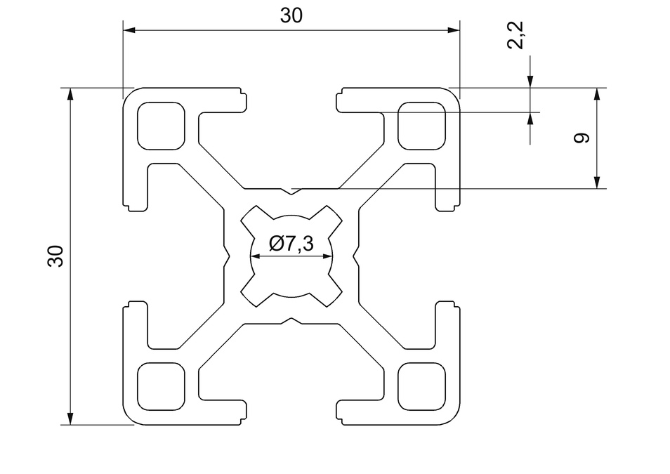 Plano de sección acotado del perfil aluminio 30x30: 30 × 30 mm, ranura de 8 mm y núcleo de 7,3 mm