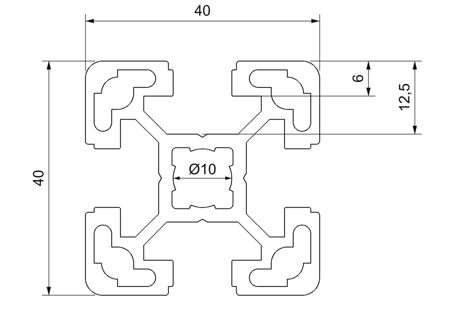Plano de sección acotado del perfil aluminio 40x40: 40 × 40 mm, ranura de 10 mm y núcleo de 10 mm