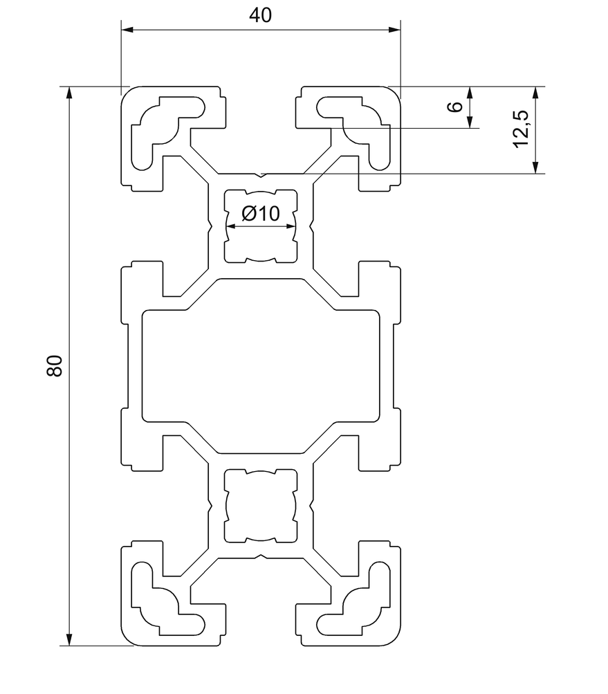 Plano de sección acotado del perfil aluminio 40x80: 40 × 80 mm, seis ranuras de 10 mm y dos núcleos de 10 mm