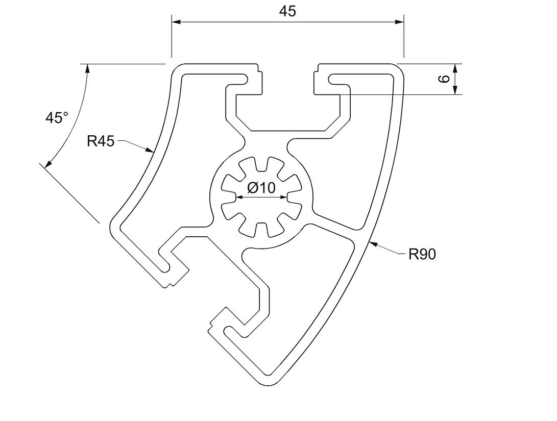 Plano de sección acotado del perfil aluminio 45 grados: perfil de ángulo de 45°, radios de 45 y 90 mm, dos ranuras de 10 mm y núcleo de 10 mm