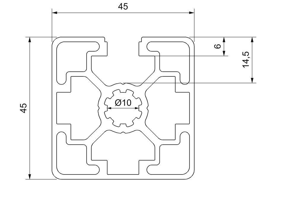 Plano de sección acotado del perfil aluminio 45x45 1S: 45 × 45 mm, una ranura de 10 mm y núcleo central de 10 mm
