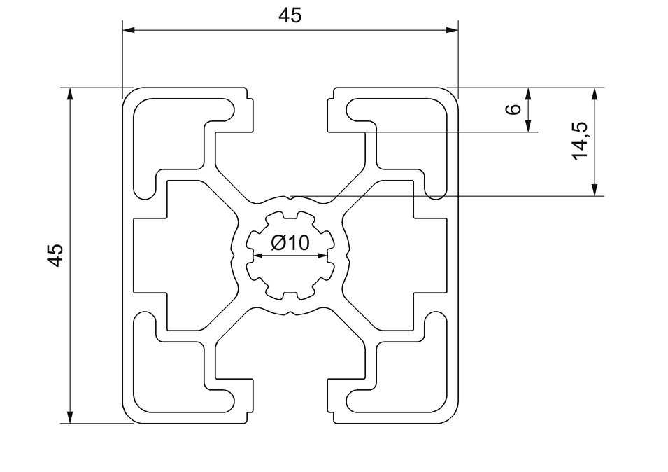 Plano de sección acotado del perfil aluminio 45x45 2S 180°: 45 × 45 mm, dos ranuras de 10 mm en caras opuestas y núcleo de 10 mm