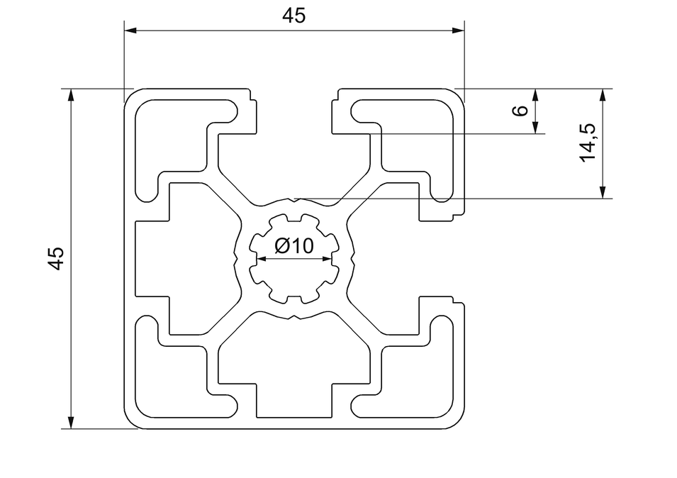 Plano de sección acotado del perfil aluminio 45x45 2S 90°: 45 × 45 mm, dos ranuras de 10 mm en caras contiguas y núcleo central de 10 mm