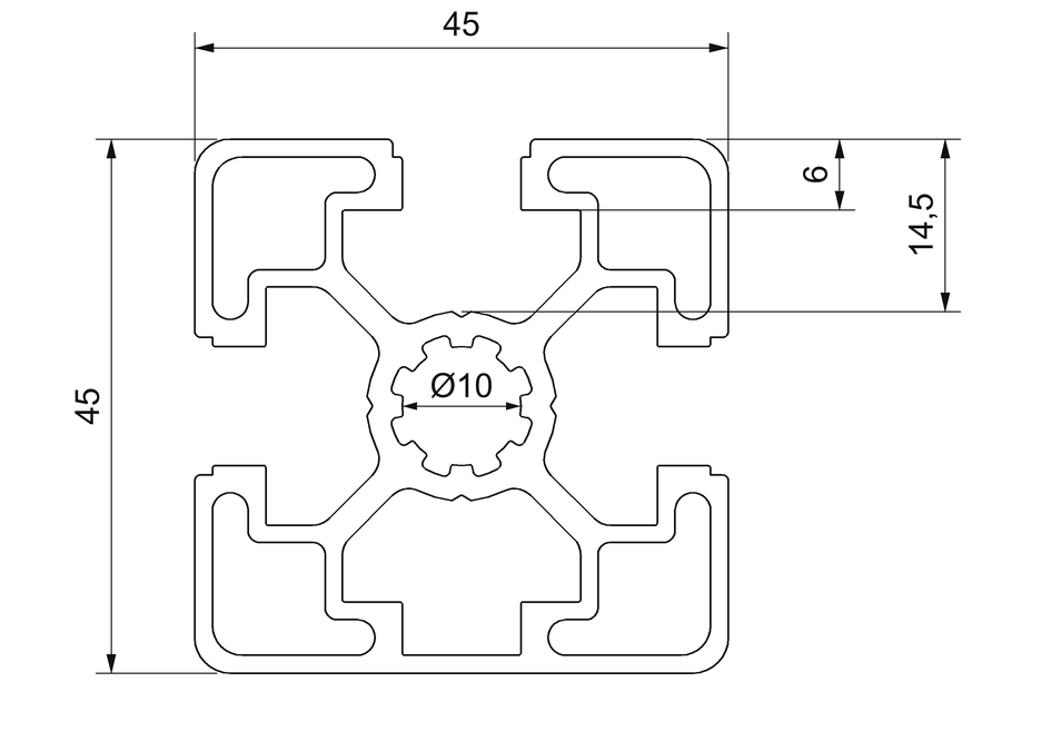 Plano de sección acotado del perfil aluminio 45x45 3S: 45 × 45 mm, tres ranuras de 10 mm y núcleo central de 10 mm