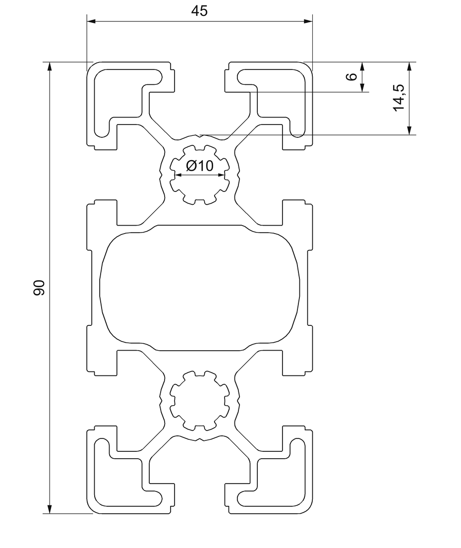 Plano de sección acotado del perfil aluminio 45x90: 45 × 90 mm, seis ranuras de 10 mm y dos núcleos de 10 mm