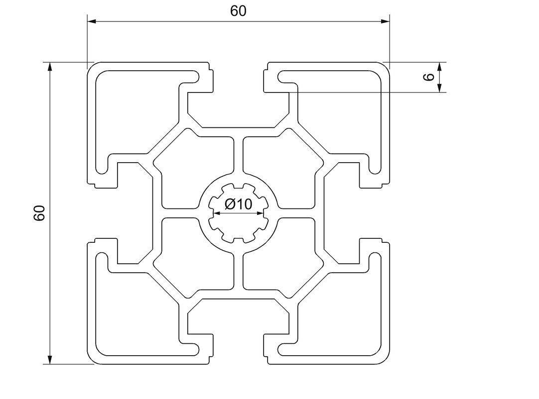 Plano de sección acotado del perfil aluminio 60x60: 60 × 60 mm, ranura de 10 mm y núcleo de 10 mm
