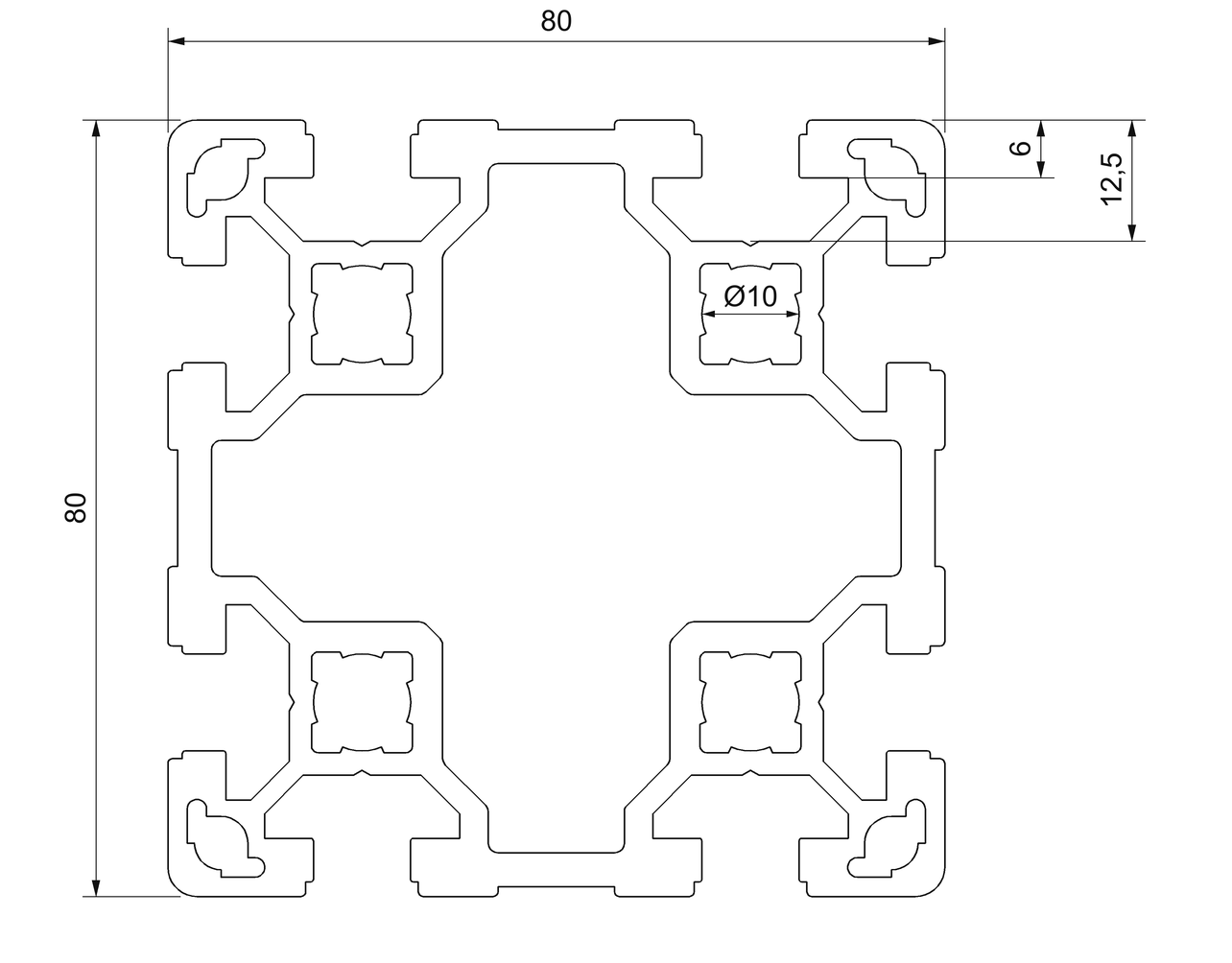 Plano de sección acotado del perfil aluminio 80x80: 80 × 80 mm, ocho ranuras de 10 mm y cuatro núcleos de 10 mm