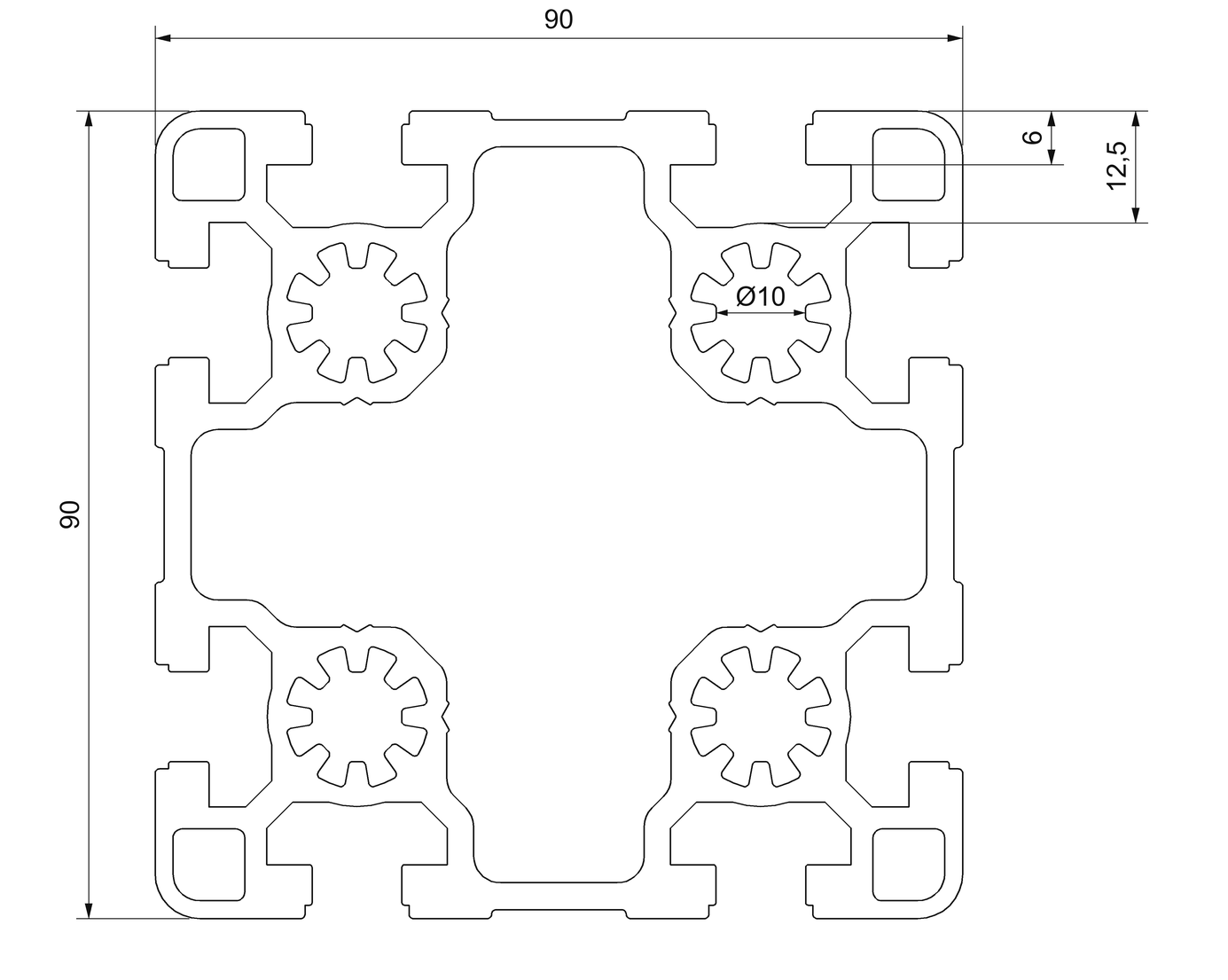Plano de sección acotado del perfil aluminio 90x90: 90 × 90 mm, ocho ranuras de 10 mm y cuatro núcleos de 10 mm