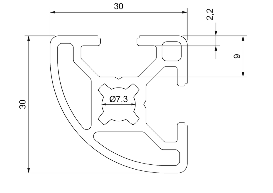Plano de sección acotado del perfil MC-30 aluminio: 30 × 30 mm, dos ranuras de 8 mm y núcleo central de 7,3 mm