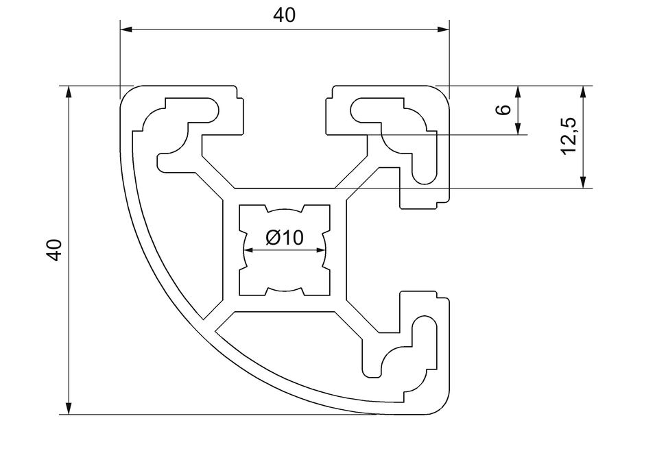 Plano de sección acotado del perfil MC-40 aluminio: 40 × 40 mm, dos ranuras de 10 mm y núcleo central de 10 mm