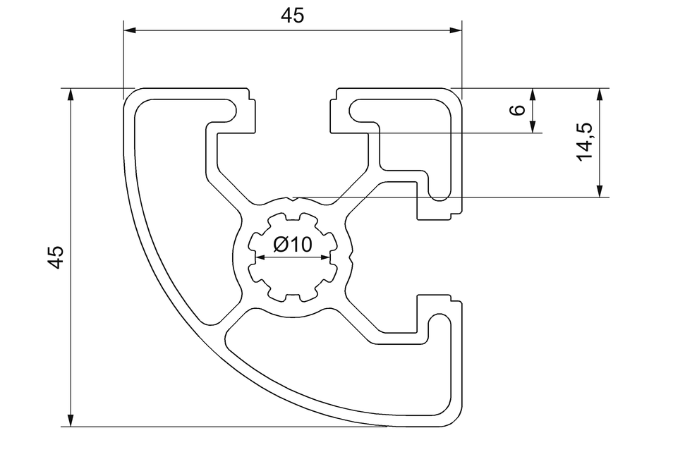 Plano de sección acotado del perfil MC-45 aluminio: 45 × 45 mm, dos ranuras de 10 mm y núcleo central de 10 mm