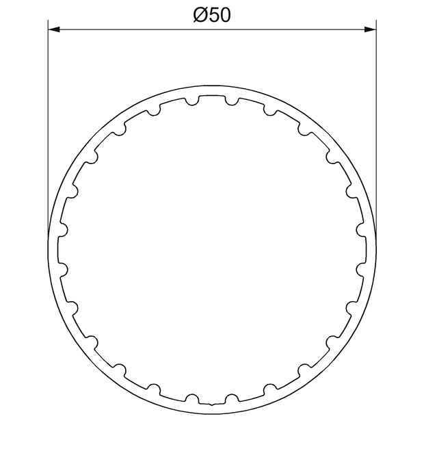 Plano de sección acotado del tubo de aluminio de Ø 50 mm: diámetro exterior 50 mm, con 24 nervios interiores
